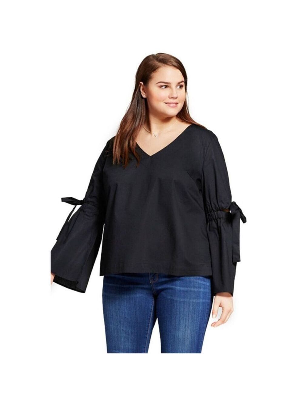 Women's Who What Wear Black Bell Sleeve Exposed Elbow V-Neck Blouse, Size S
